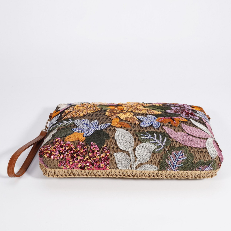 Geantă de umăr din pai, formă orizontală pătrată, închidere cu fermoar, căptușeală poliester