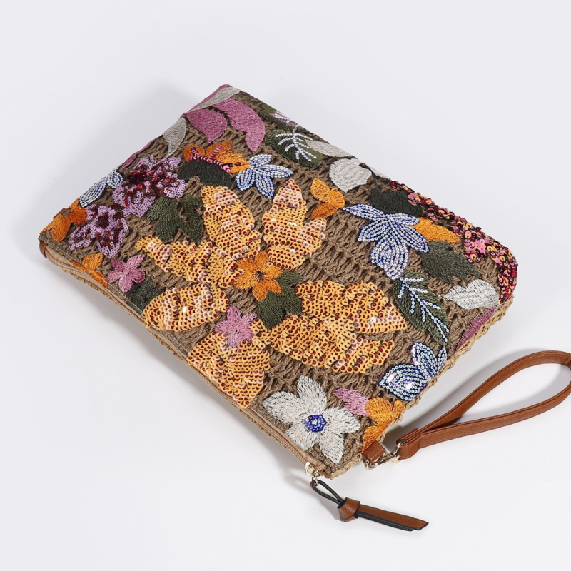 Geantă de umăr din pai, formă orizontală pătrată, închidere cu fermoar, căptușeală poliester