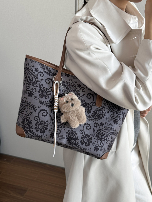 Geantă Tote în stil etnic din nubuc, închidere cu fermoar, căptușeală din poliester, buzunar interior cu fermoar, curele de umăr duble