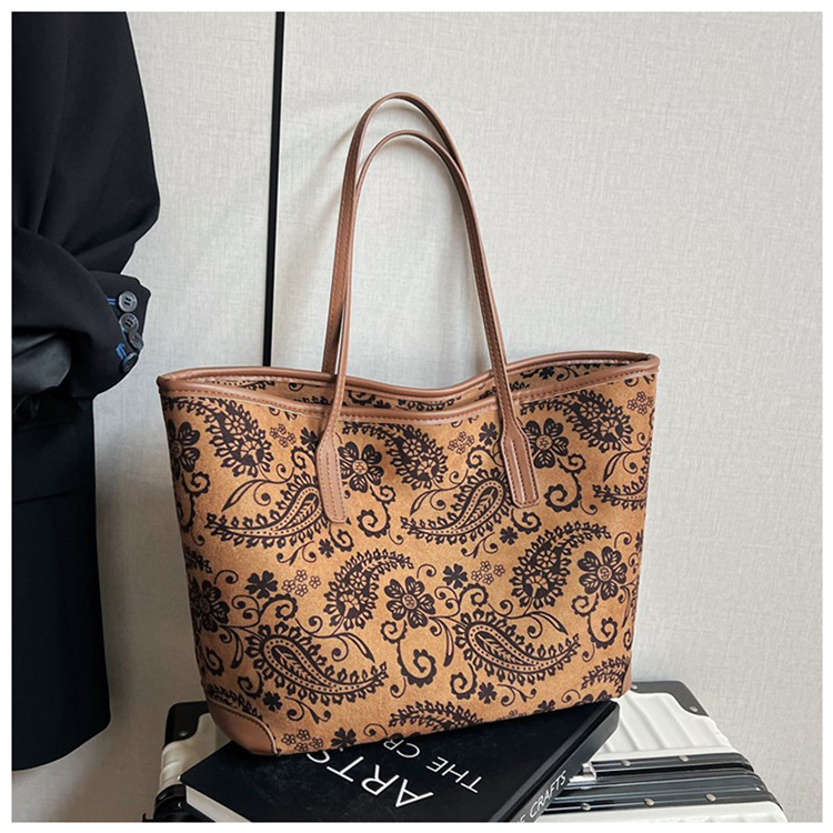Geantă Tote în stil etnic din nubuc, închidere cu fermoar, căptușeală din poliester, buzunar interior cu fermoar, curele de umăr duble