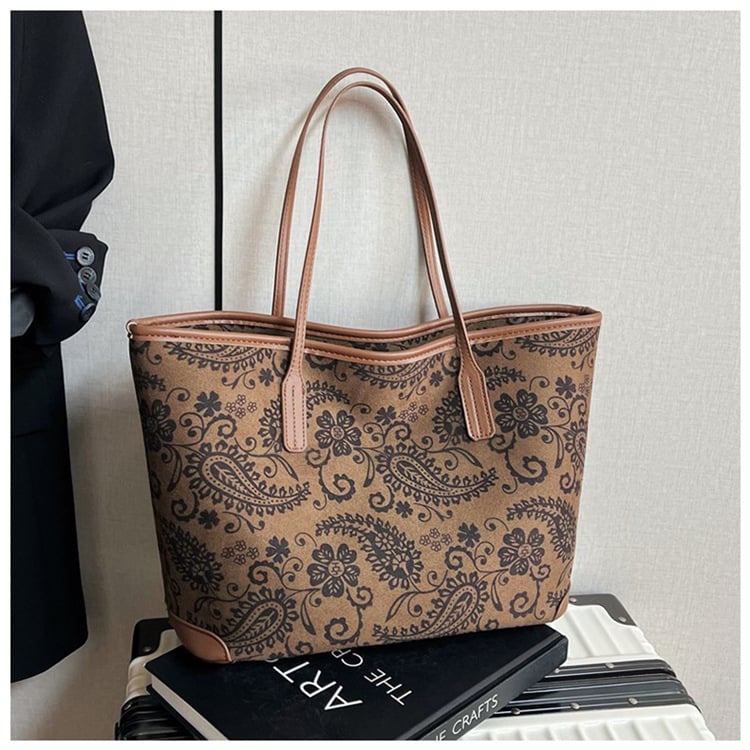 Geantă Tote în stil etnic din nubuc, închidere cu fermoar, căptușeală din poliester, buzunar interior cu fermoar, curele de umăr duble