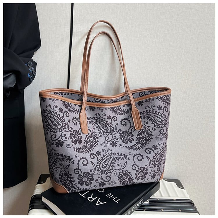 Geantă Tote în stil etnic din nubuc, închidere cu fermoar, căptușeală din poliester, buzunar interior cu fermoar, curele de umăr duble