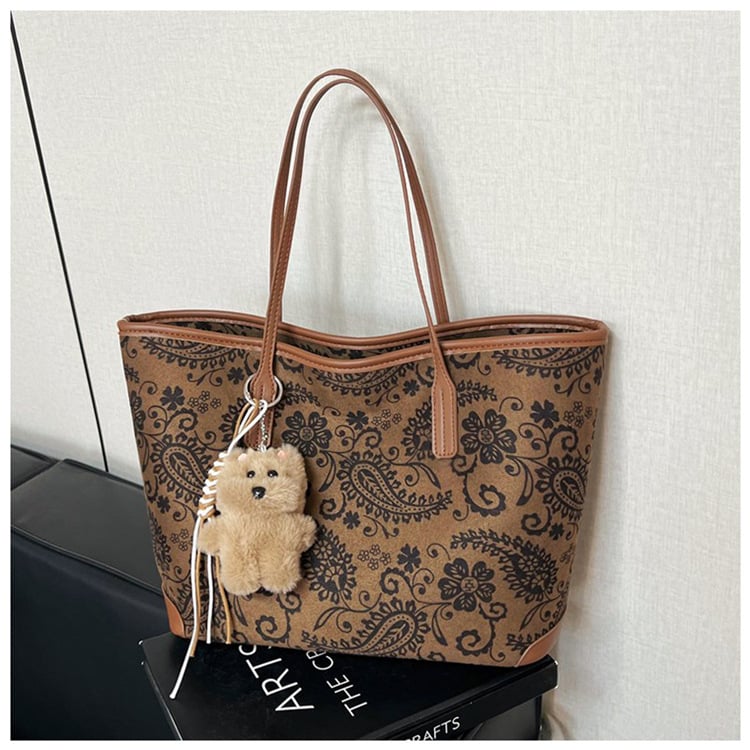 Geantă Tote în stil etnic din nubuc, închidere cu fermoar, căptușeală din poliester, buzunar interior cu fermoar, curele de umăr duble