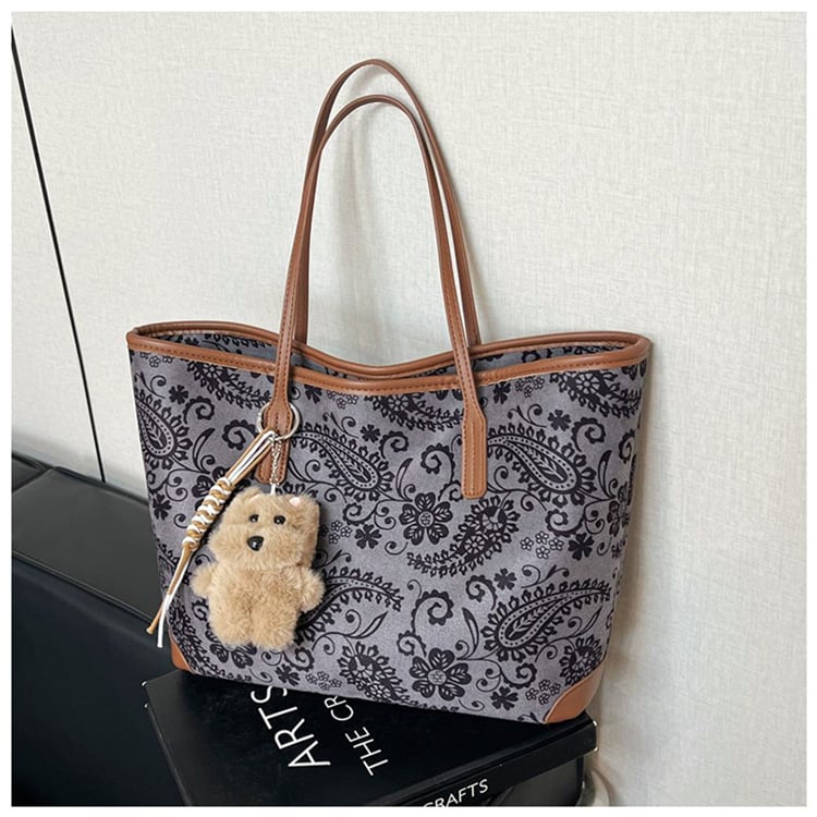 Geantă Tote în stil etnic din nubuc, închidere cu fermoar, căptușeală din poliester, buzunar interior cu fermoar, curele de umăr duble