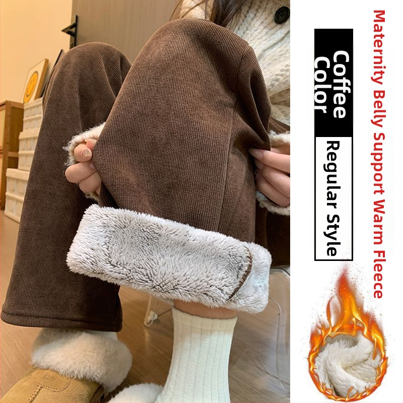 Γυναικείο παντελόνι εγκυμοσύνης για χειμώνα με στήριξη κοιλιάς, επενδυμένο με φλίς και πρόσθετη θερμότητα, υψηλή μέση και φαρδιά γραμμή, ύφασμα πολυεστέρα-ελαστάν, υψηλή ελαστικότητα