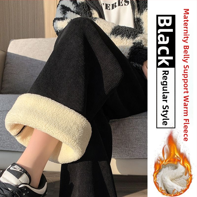 Γυναικείο παντελόνι εγκυμοσύνης για χειμώνα με στήριξη κοιλιάς, επενδυμένο με φλίς και πρόσθετη θερμότητα, υψηλή μέση και φαρδιά γραμμή, ύφασμα πολυεστέρα-ελαστάν, υψηλή ελαστικότητα