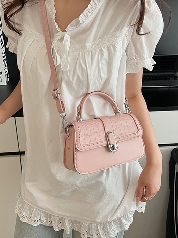 PU mini kvadratna torba, crossbody preko ramena, zaključavanje, srednja veličina, podstava od poliestera