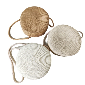 Geantă rotundă din pai, împletită, cu fermoar, curea de umăr, buzunare pentru telefon și ID