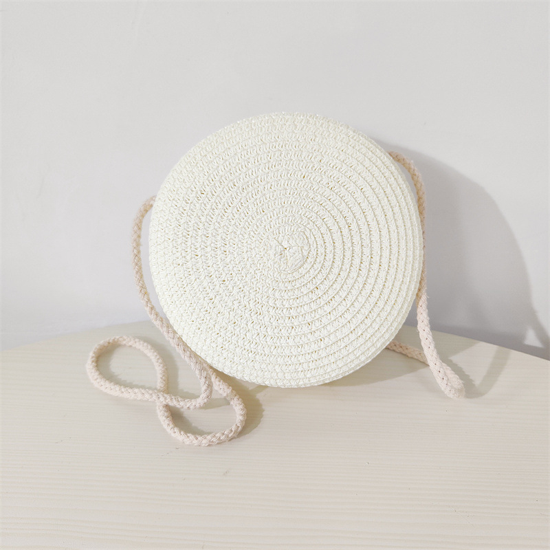 Geantă rotundă din pai, împletită, cu fermoar, curea de umăr, buzunare pentru telefon și ID