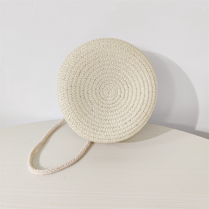 Geantă rotundă din pai, împletită, cu fermoar, curea de umăr, buzunare pentru telefon și ID