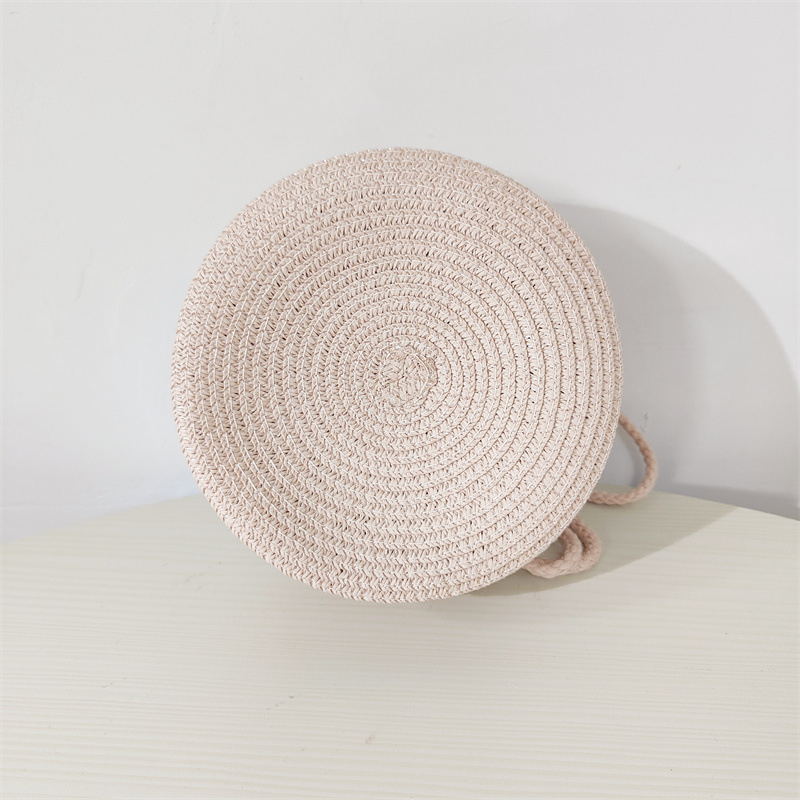 Geantă rotundă din pai, împletită, cu fermoar, curea de umăr, buzunare pentru telefon și ID