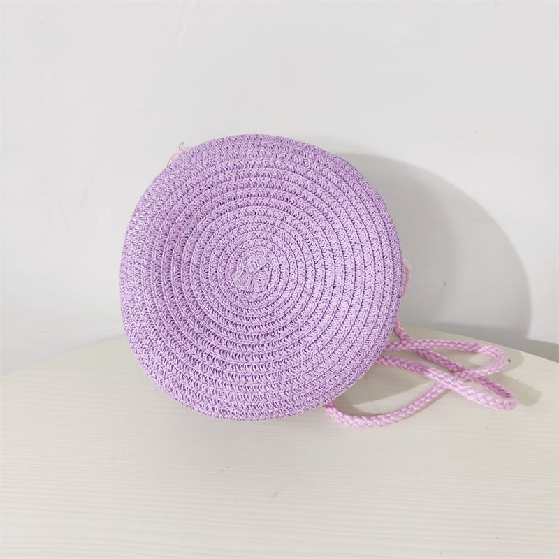 Geantă rotundă din pai, împletită, cu fermoar, curea de umăr, buzunare pentru telefon și ID