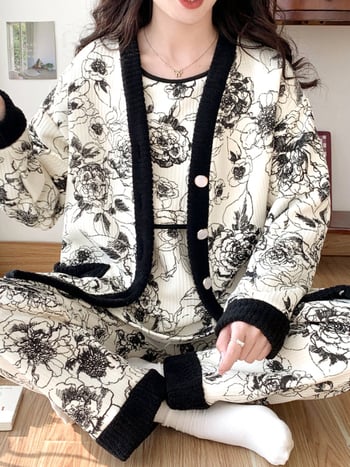 Σετ ρουχισμού μετά τον τοκετό για γαλουχία, μακρύ μανίκι, πλεκτός πολυεστέρας (95%+), εκτύπωση, φθινόπωρο 2024, ιαπωνοκορεατικό χαλαρωτικό στυλ