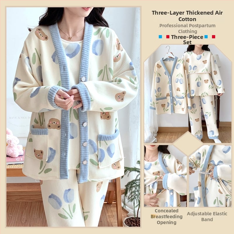 Σετ ρουχισμού μετά τον τοκετό για γαλουχία, μακρύ μανίκι, πλεκτός πολυεστέρας (95%+), εκτύπωση, φθινόπωρο 2024, ιαπωνοκορεατικό χαλαρωτικό στυλ