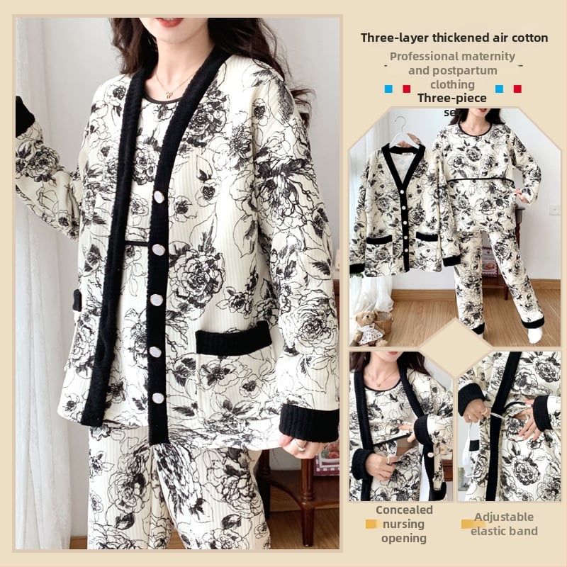 Σετ ρουχισμού μετά τον τοκετό για γαλουχία, μακρύ μανίκι, πλεκτός πολυεστέρας (95%+), εκτύπωση, φθινόπωρο 2024, ιαπωνοκορεατικό χαλαρωτικό στυλ