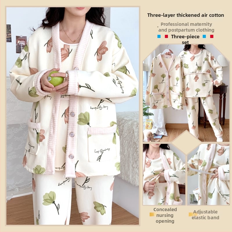 Σετ ρουχισμού μετά τον τοκετό για γαλουχία, μακρύ μανίκι, πλεκτός πολυεστέρας (95%+), εκτύπωση, φθινόπωρο 2024, ιαπωνοκορεατικό χαλαρωτικό στυλ