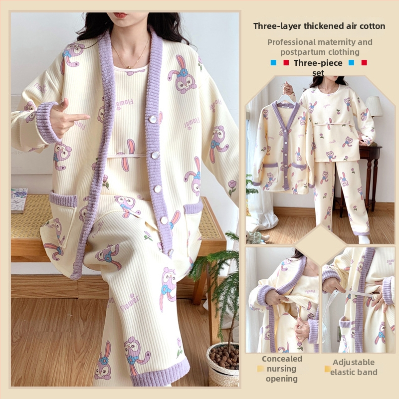 Σετ ρουχισμού μετά τον τοκετό για γαλουχία, μακρύ μανίκι, πλεκτός πολυεστέρας (95%+), εκτύπωση, φθινόπωρο 2024, ιαπωνοκορεατικό χαλαρωτικό στυλ