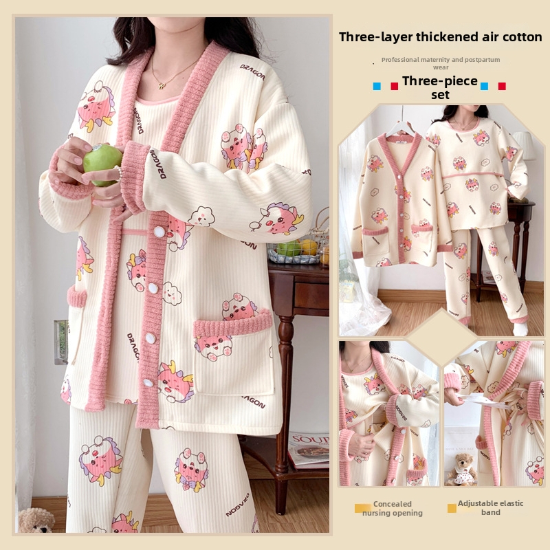 Σετ ρουχισμού μετά τον τοκετό για γαλουχία, μακρύ μανίκι, πλεκτός πολυεστέρας (95%+), εκτύπωση, φθινόπωρο 2024, ιαπωνοκορεατικό χαλαρωτικό στυλ