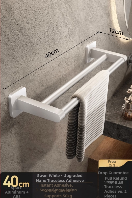 Törölközőtartó, falra szerelt, fúrás nélkül, ABS + alumínium, teherbírás 20 kg, modern minimalista stílus, egy soros