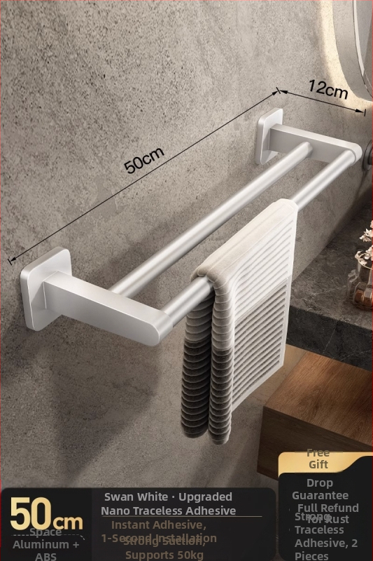 Törölközőtartó, falra szerelt, fúrás nélkül, ABS + alumínium, teherbírás 20 kg, modern minimalista stílus, egy soros