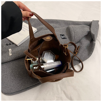 Női PU anyagú vödörtáska, városi egyszerű stílus, zipzáras záródás, belső cipzáros zseb, poliészter bélés