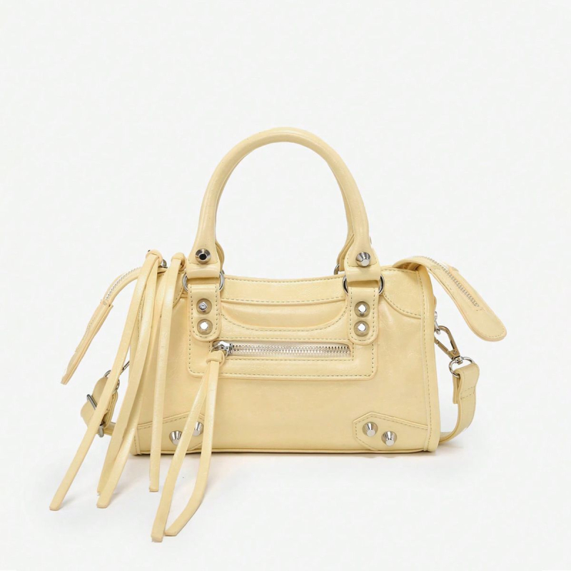 Geantă crossbody pentru femei cu nituri — stil casual, poliester, stil motocicletă, căptușeală PU, închidere cu capac