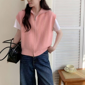 Kórejský štýl pletená vesta s golierom, kašmírový materiál, bežná dĺžka, voľný strih