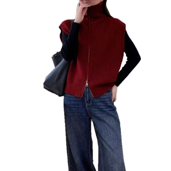 Kórejský štýl pletená vesta s golierom, kašmírový materiál, bežná dĺžka, voľný strih