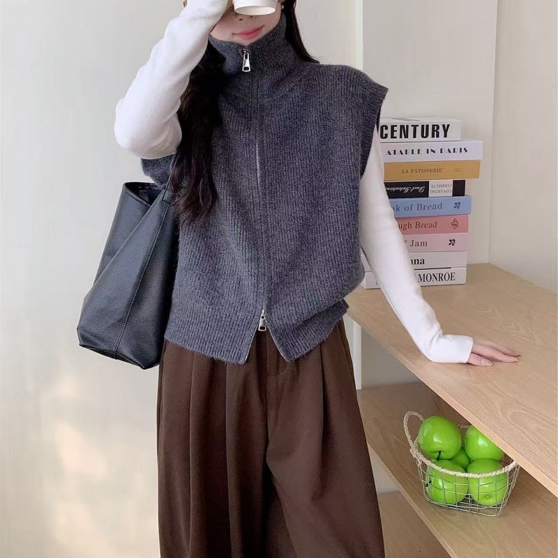 Kórejský štýl pletená vesta s golierom, kašmírový materiál, bežná dĺžka, voľný strih