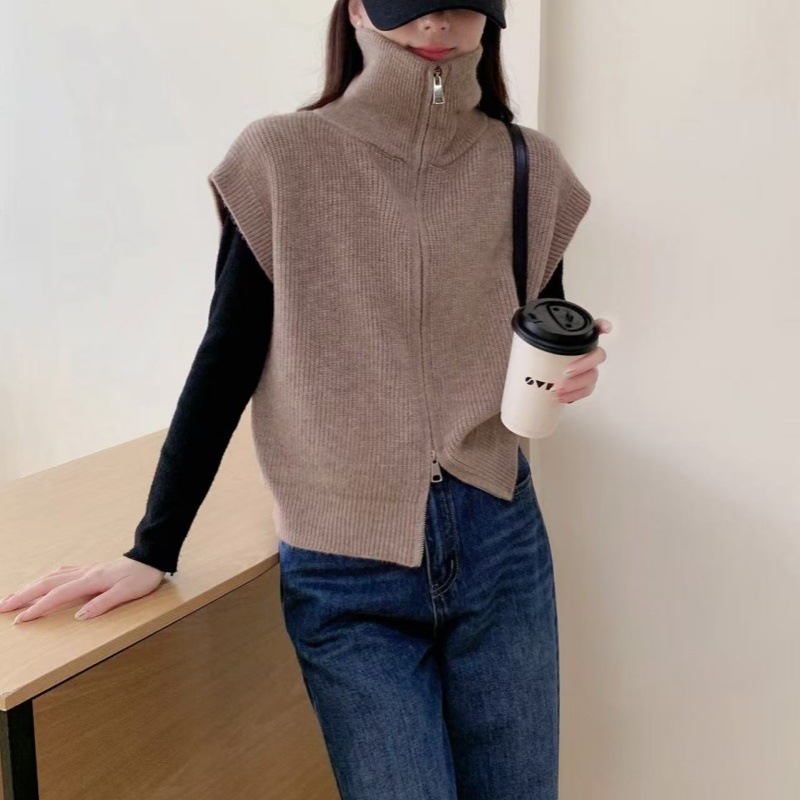 Kórejský štýl pletená vesta s golierom, kašmírový materiál, bežná dĺžka, voľný strih