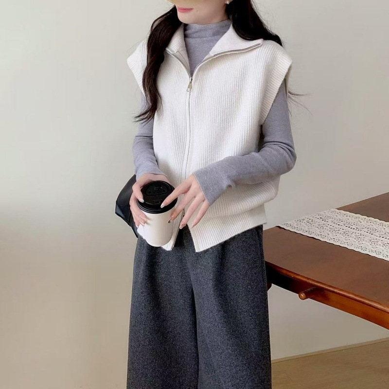 Kórejský štýl pletená vesta s golierom, kašmírový materiál, bežná dĺžka, voľný strih