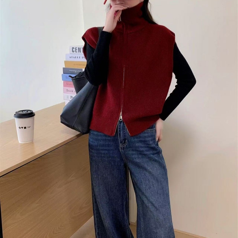 Kórejský štýl pletená vesta s golierom, kašmírový materiál, bežná dĺžka, voľný strih