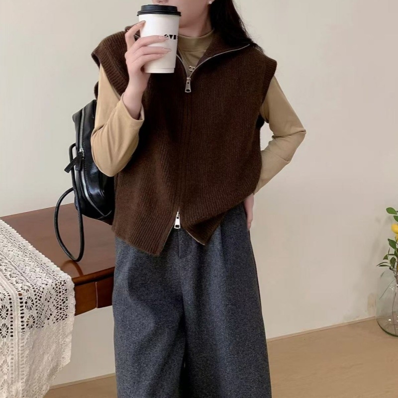 Kórejský štýl pletená vesta s golierom, kašmírový materiál, bežná dĺžka, voľný strih