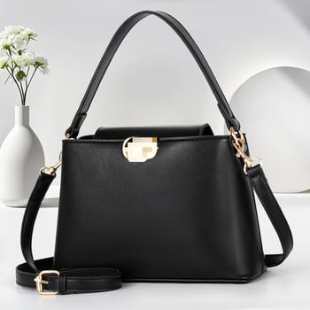 Geantă bucket, stil urban-simplu, PU material, formă pătrată orizontală, deschidere acoperită, buzunar interior laminat cu fermoar