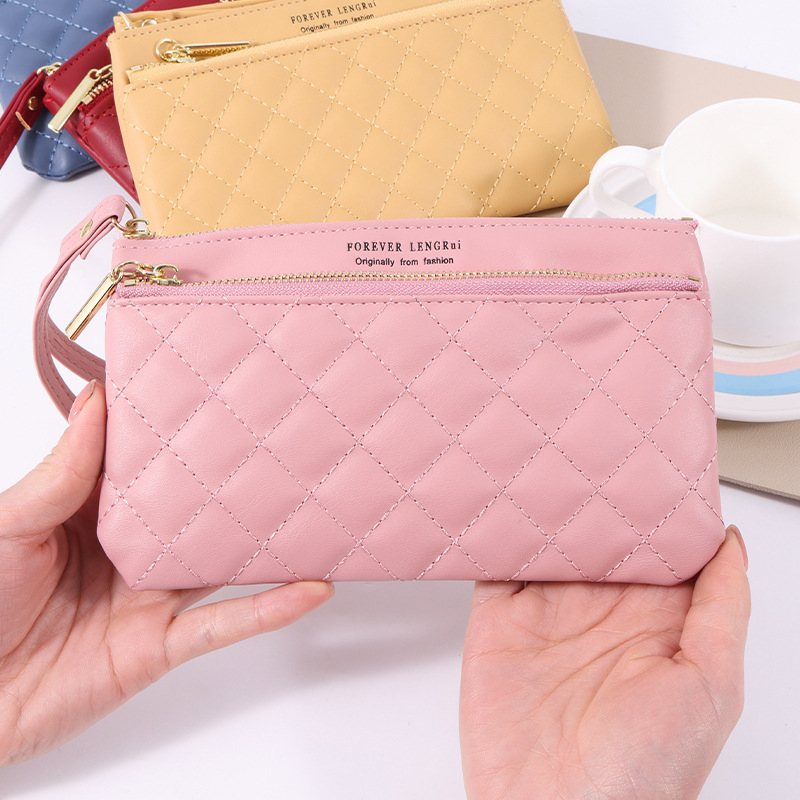 Lengrui 2021 Geantă din piele pentru femei cu dublu fermoar, portofel lung, PU, stil stradal, formă pătrată orizontală, deschidere cu fermoar, căptușeală din pânză, buzunare interioare: buzunar cu fermoar, buzunar pentru telefon, buzunar pentru ID