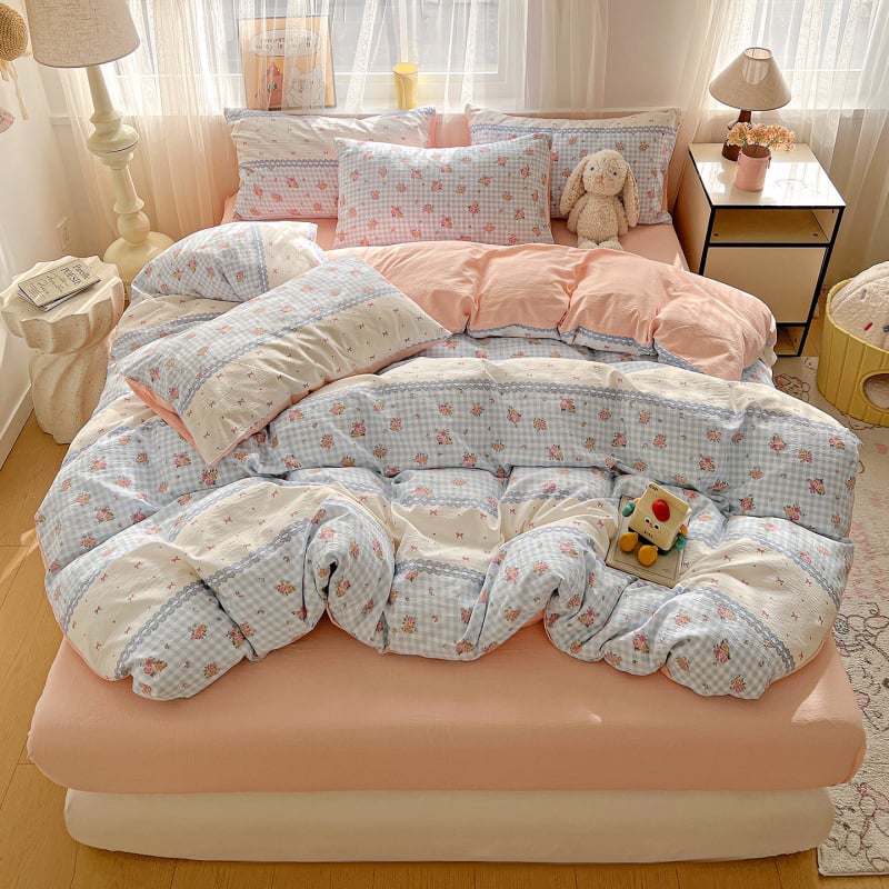 Set de lenjerie din bumbac jacquard — pentru toate sezoanele, imprimare reactive, 4 piese (cearășaf, husă pilotă, 2 fețe de pernă)