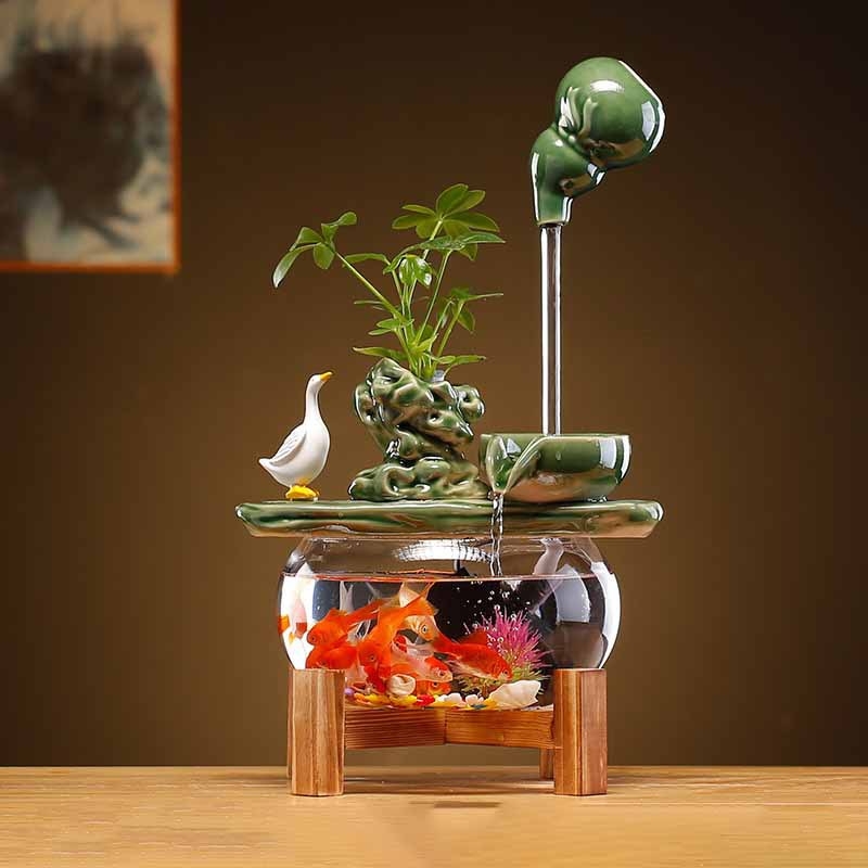 Keramický visiaci vodný fontán s cirkulujúcim akváriom – stolová dekorácia v štýle Nového Číny, ručne vyrobené, glazúrovaný povrch