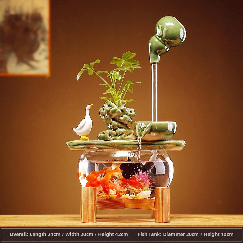 Keramický visiaci vodný fontán s cirkulujúcim akváriom – stolová dekorácia v štýle Nového Číny, ručne vyrobené, glazúrovaný povrch