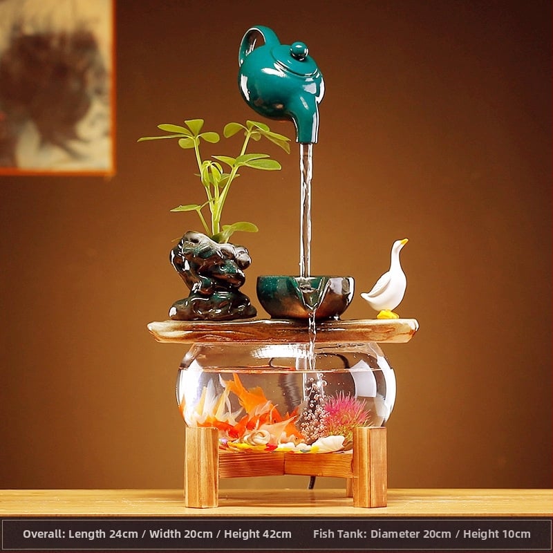 Keramický visiaci vodný fontán s cirkulujúcim akváriom – stolová dekorácia v štýle Nového Číny, ručne vyrobené, glazúrovaný povrch