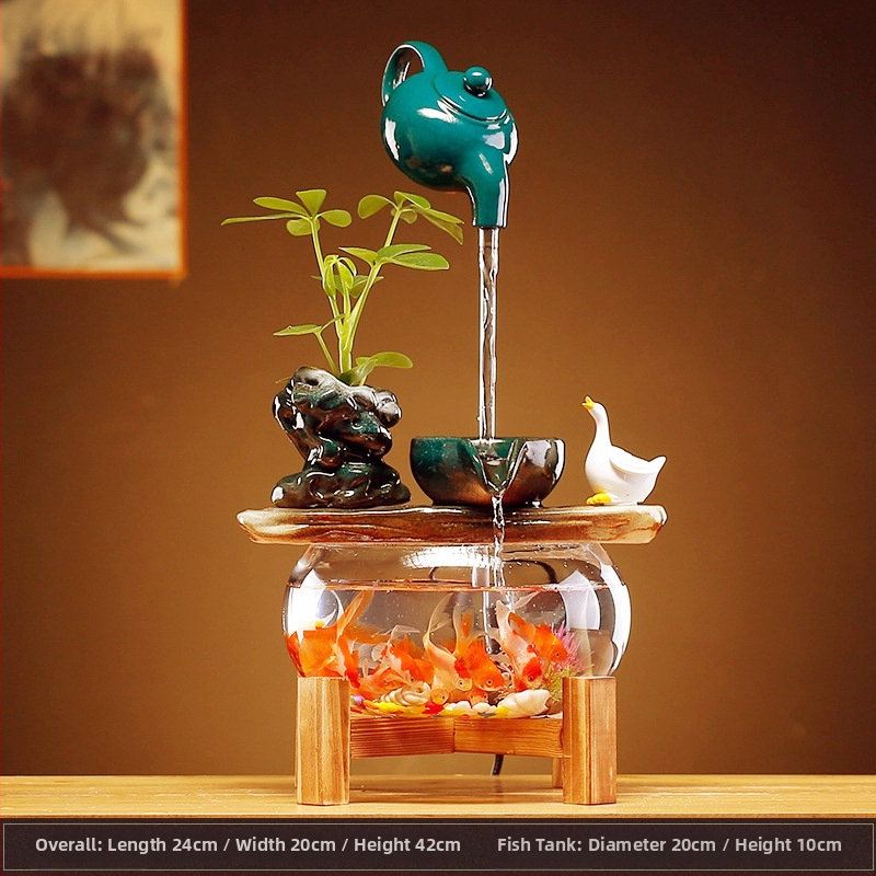 Keramický visiaci vodný fontán s cirkulujúcim akváriom – stolová dekorácia v štýle Nového Číny, ručne vyrobené, glazúrovaný povrch