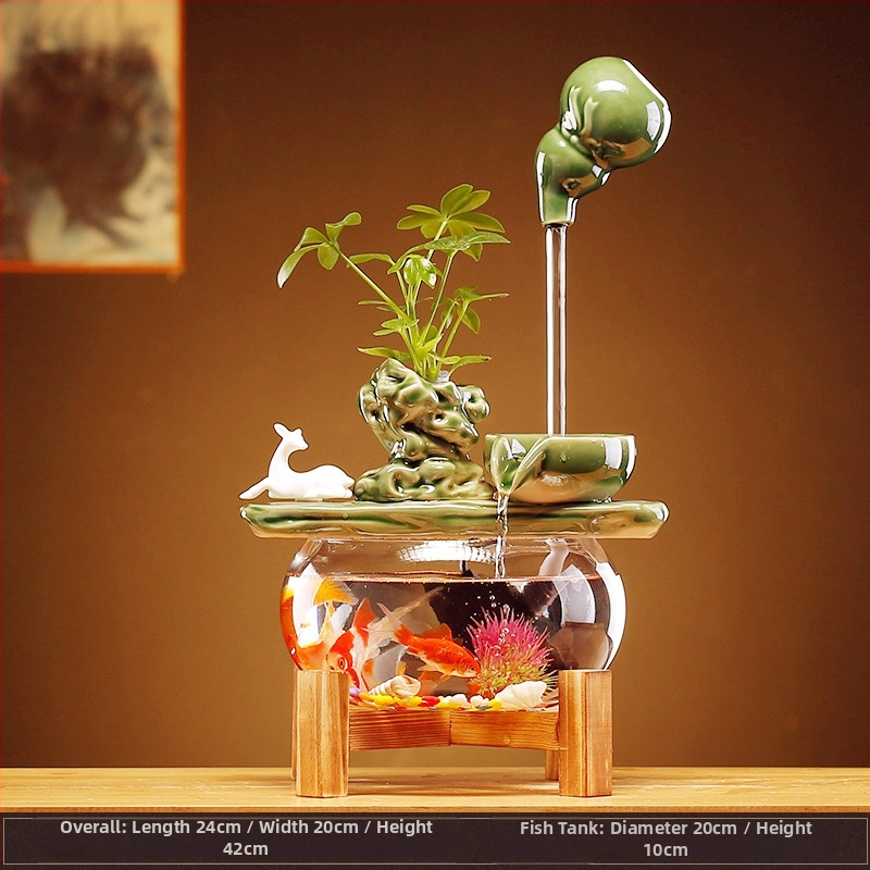 Keramický visiaci vodný fontán s cirkulujúcim akváriom – stolová dekorácia v štýle Nového Číny, ručne vyrobené, glazúrovaný povrch