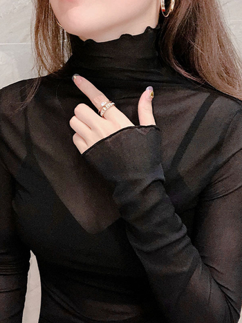 Dámske tričko z polyesteru, kvetinový vzor, polovysoký golier, dlhé rukávy