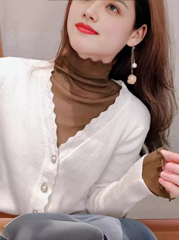 Dámske tričko z polyesteru, kvetinový vzor, polovysoký golier, dlhé rukávy