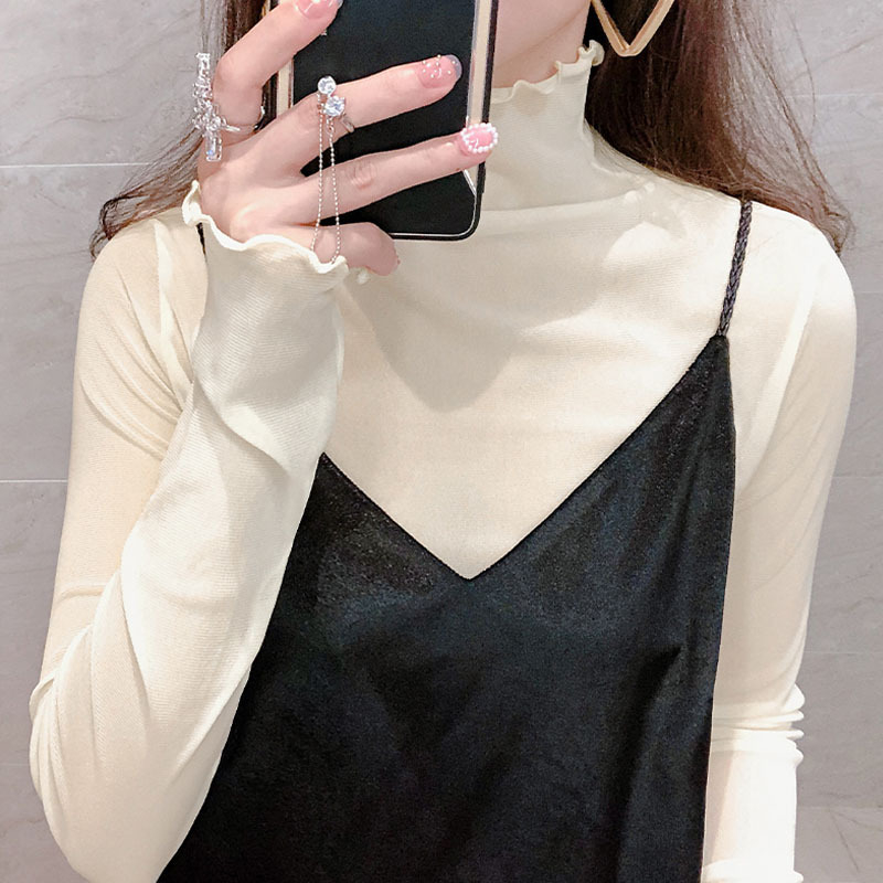 Dámske tričko z polyesteru, kvetinový vzor, polovysoký golier, dlhé rukávy