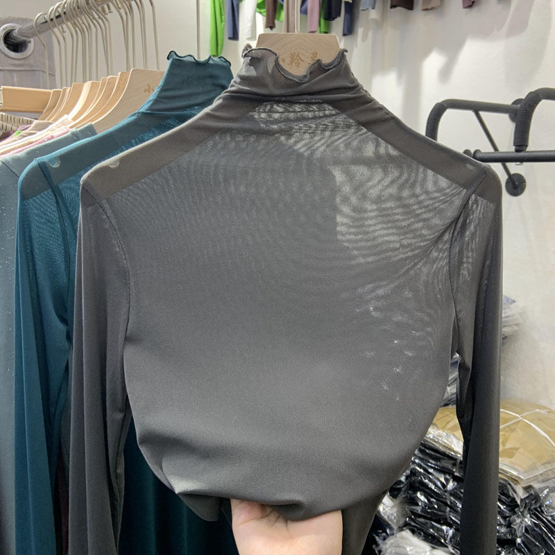 Dámske tričko z polyesteru, kvetinový vzor, polovysoký golier, dlhé rukávy