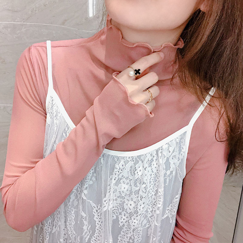 Dámske tričko z polyesteru, kvetinový vzor, polovysoký golier, dlhé rukávy