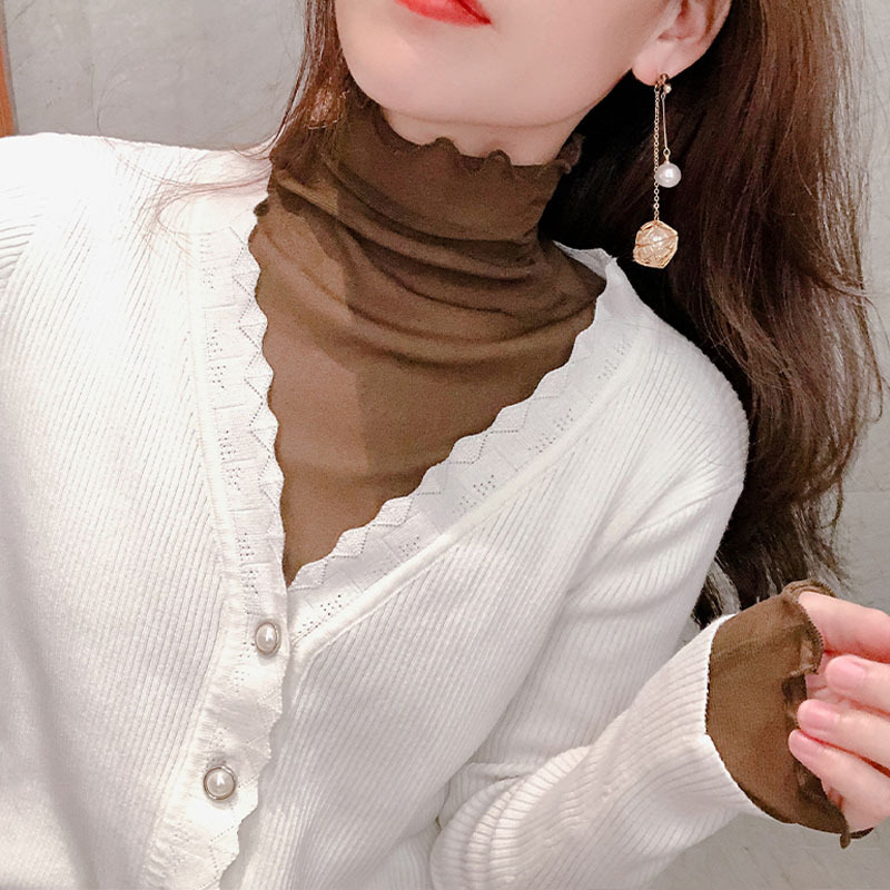 Dámske tričko z polyesteru, kvetinový vzor, polovysoký golier, dlhé rukávy