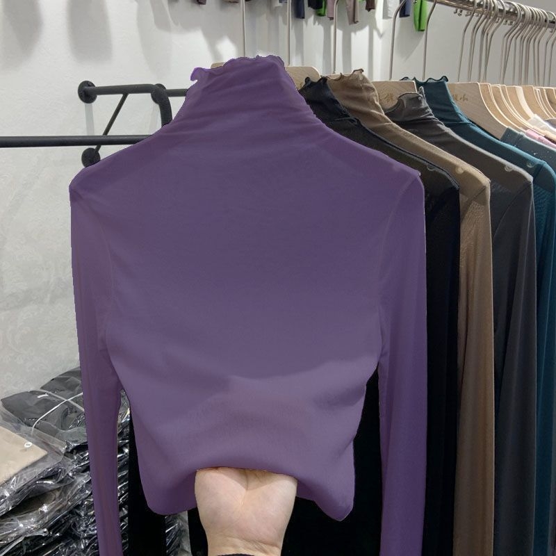 Dámske tričko z polyesteru, kvetinový vzor, polovysoký golier, dlhé rukávy