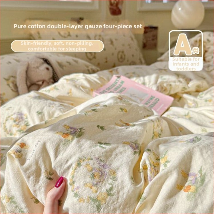 Set de lenjerie de pat din bumbac, 4 piese, stil pastoral, imprimare reactive, GSM 1000–1499