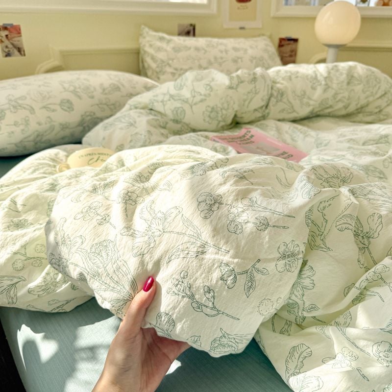 Set de lenjerie de pat din bumbac, 4 piese, stil pastoral, imprimare reactive, GSM 1000–1499